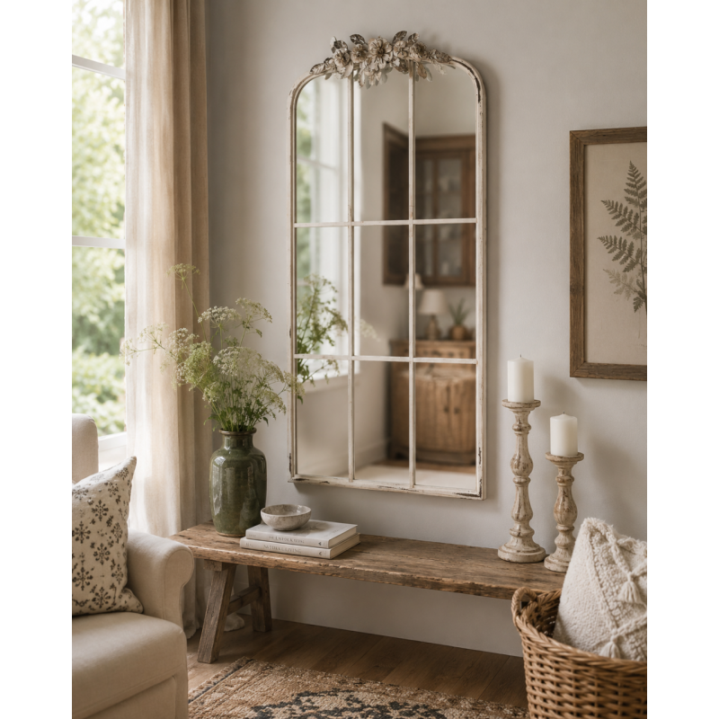 Miroir fenêtre arqué blanc patiné en MDF 61x114 cm Esmarina  - 2