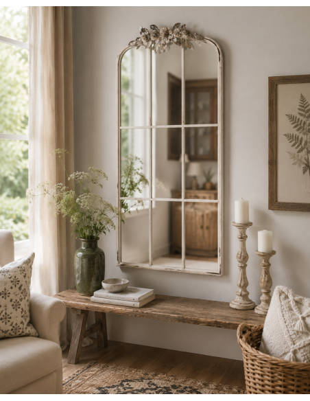 Miroir fenêtre arqué blanc patiné en MDF 61x114 cm Esmarina  - 2