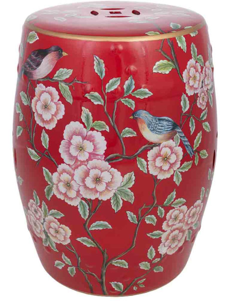 Table d'appoint céramique rouge fleurs et oiseaux 33x44,5 cm Haveluna  - 1