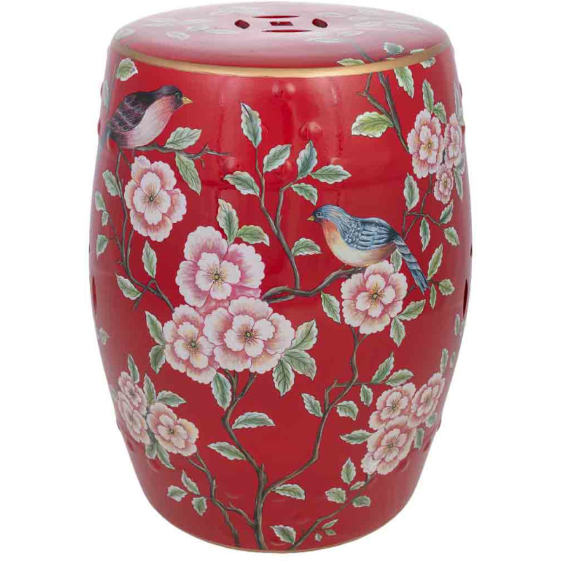 Table d'appoint céramique rouge fleurs et oiseaux 33x44,5 cm Haveluna  - 1
