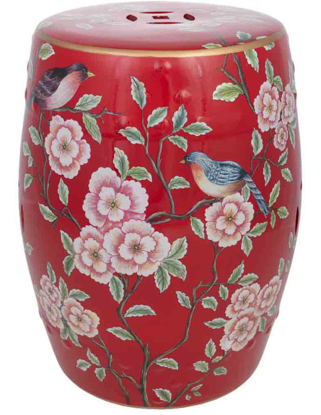 Table d'appoint céramique rouge fleurs et oiseaux 33x44,5 cm Haveluna  - 1
