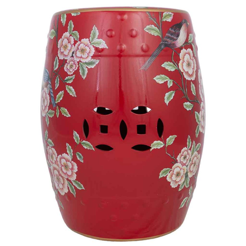 Table d'appoint céramique rouge fleurs et oiseaux 33x44,5 cm Haveluna  - 3