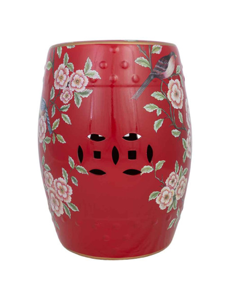 Table d'appoint céramique rouge fleurs et oiseaux 33x44,5 cm Haveluna  - 3