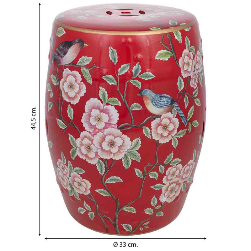 Table d'appoint céramique rouge fleurs et oiseaux 33x44,5 cm Haveluna  - 4