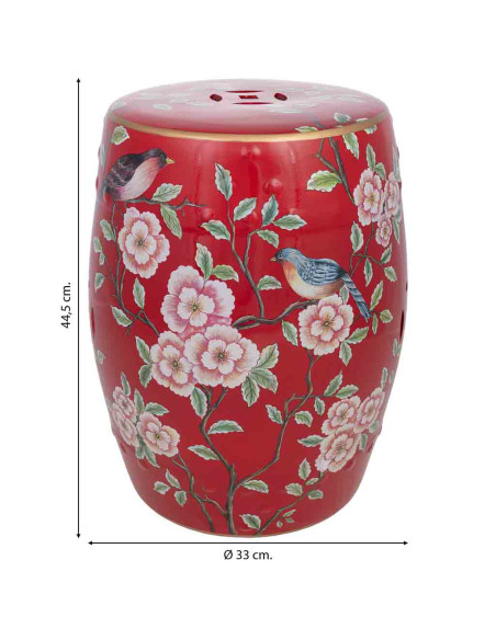 Table d'appoint céramique rouge fleurs et oiseaux 33x44,5 cm Haveluna  - 4