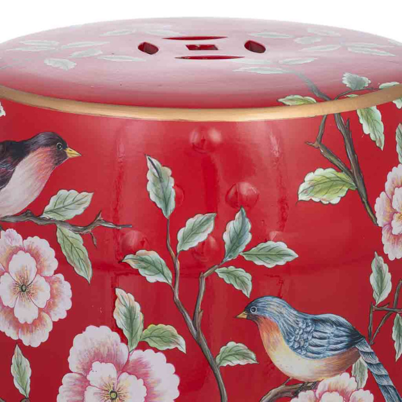 Table d'appoint céramique rouge fleurs et oiseaux 33x44,5 cm Haveluna  - 5