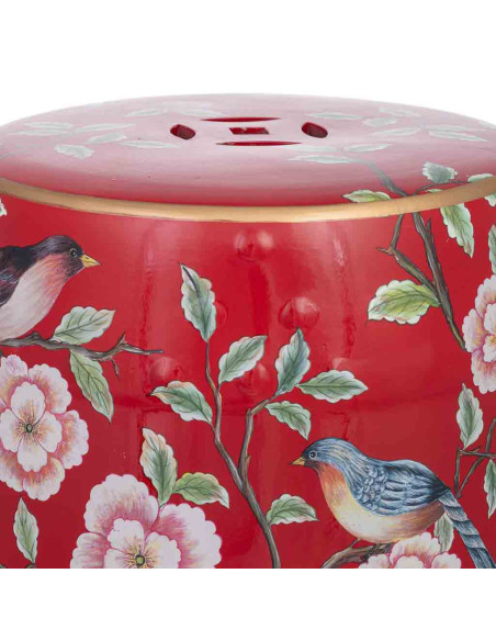 Table d'appoint céramique rouge fleurs et oiseaux 33x44,5 cm Haveluna  - 5