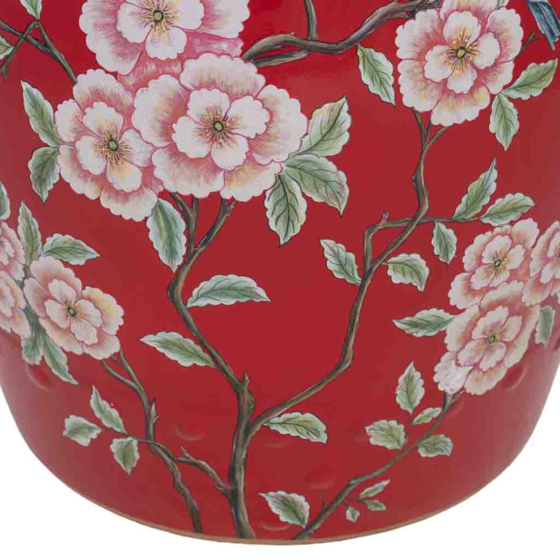 Table d'appoint céramique rouge fleurs et oiseaux 33x44,5 cm Haveluna  - 6