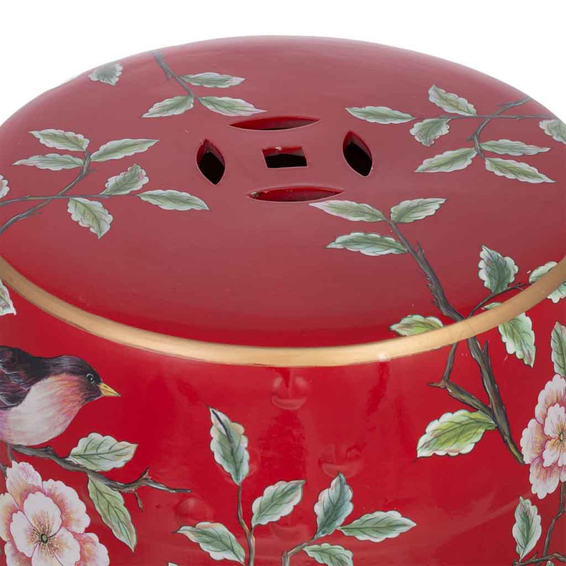 Table d'appoint céramique rouge fleurs et oiseaux 33x44,5 cm Haveluna  - 7