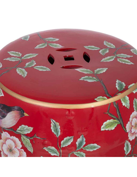 Table d'appoint céramique rouge fleurs et oiseaux 33x44,5 cm Haveluna  - 7