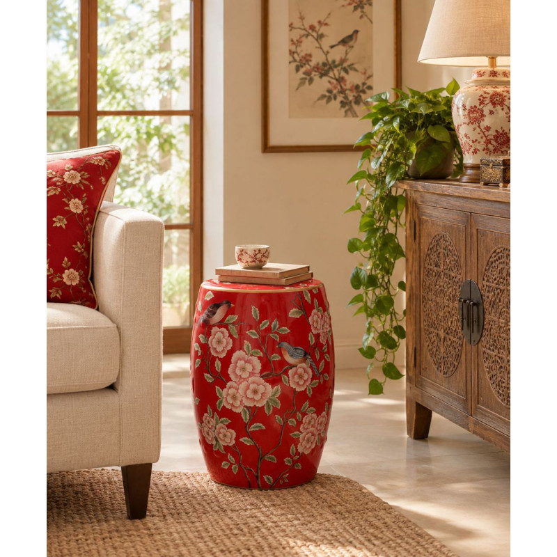 Table d'appoint céramique rouge fleurs et oiseaux 33x44,5 cm Haveluna  - 2