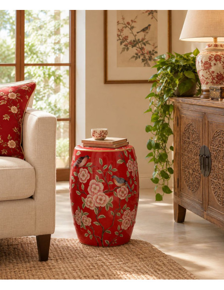 Table d'appoint céramique rouge fleurs et oiseaux 33x44,5 cm Haveluna  - 2