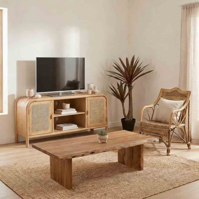 Meuble TV bois naturel et cannage rotin 120x39x60 cm Heraloro  - 2