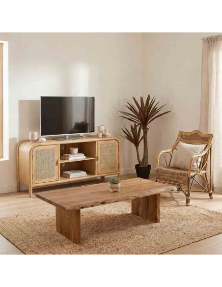 Meuble TV bois naturel et cannage rotin 120x39x60 cm Heraloro  - 2
