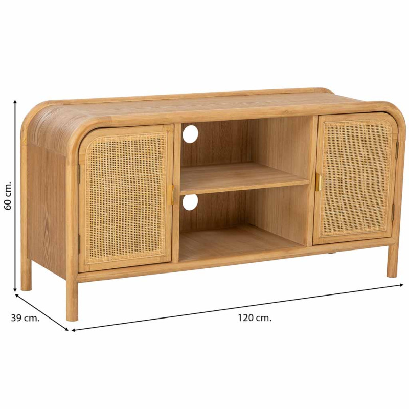 Meuble TV bois naturel et cannage rotin 120x39x60 cm Heraloro  - 8