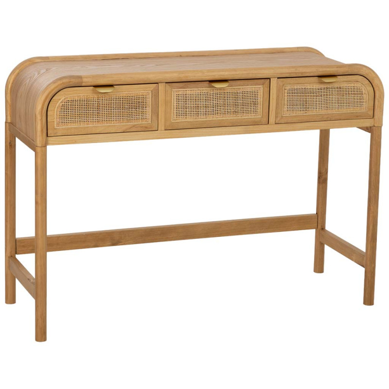 Console d'entrée bois miel et cannage rotin 3 tiroirs 110 cm Heraloro  - 1