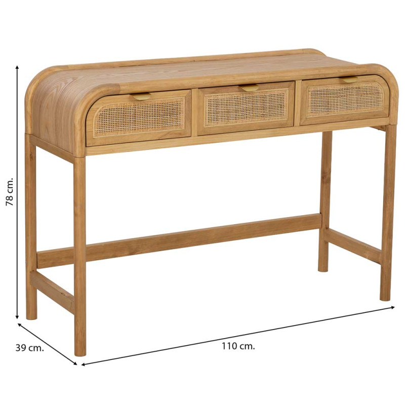 Console d'entrée bois miel et cannage rotin 3 tiroirs 110 cm Heraloro  - 7