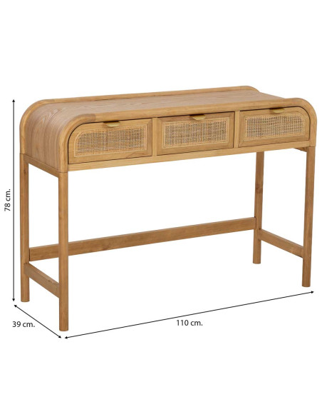 Console d'entrée bois miel et cannage rotin 3 tiroirs 110 cm Heraloro  - 7