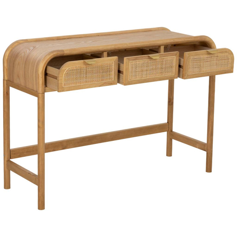 Console d'entrée bois miel et cannage rotin 3 tiroirs 110 cm Heraloro  - 4