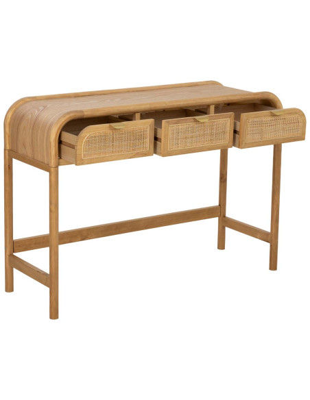 Console d'entrée bois miel et cannage rotin 3 tiroirs 110 cm Heraloro  - 4