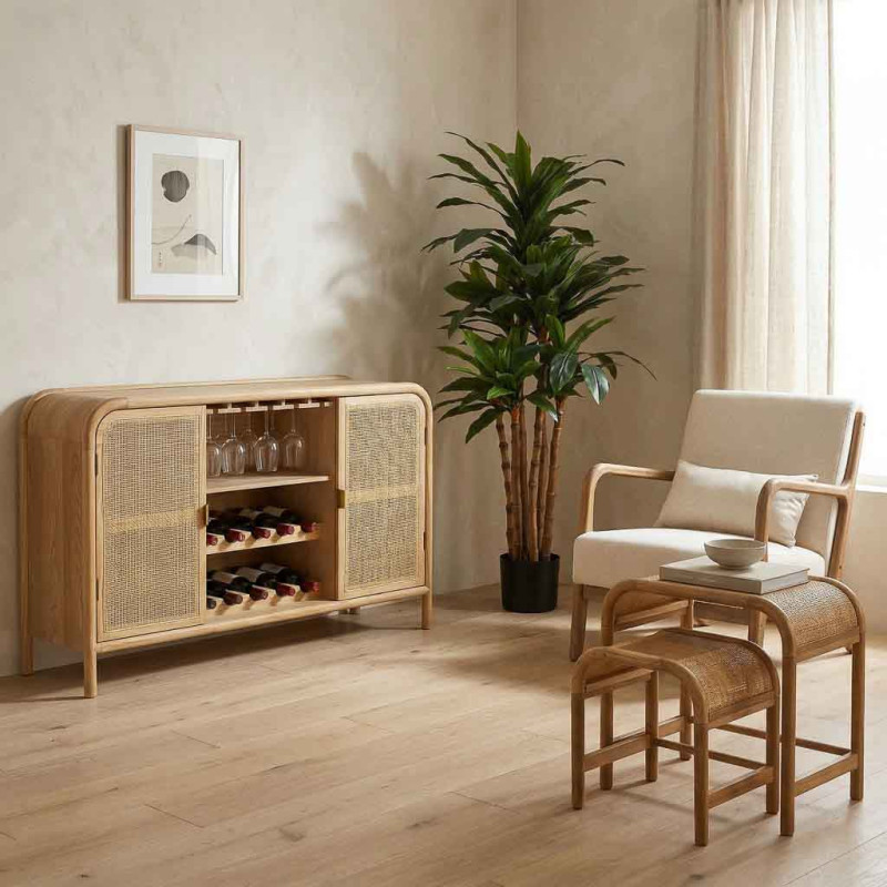 Buffet range-bouteilles bois miel et cannage rotin 130 cm Heraloro  - 2