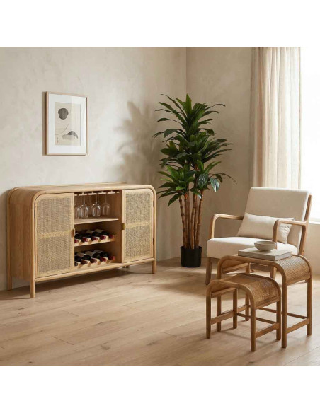 Buffet range-bouteilles bois miel et cannage rotin 130 cm Heraloro  - 2
