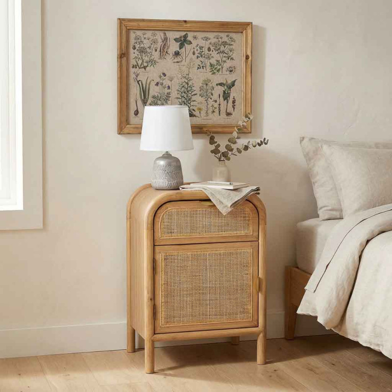 Table de chevet bois miel et rotin 45x35x66 cm Heraloro  - 2