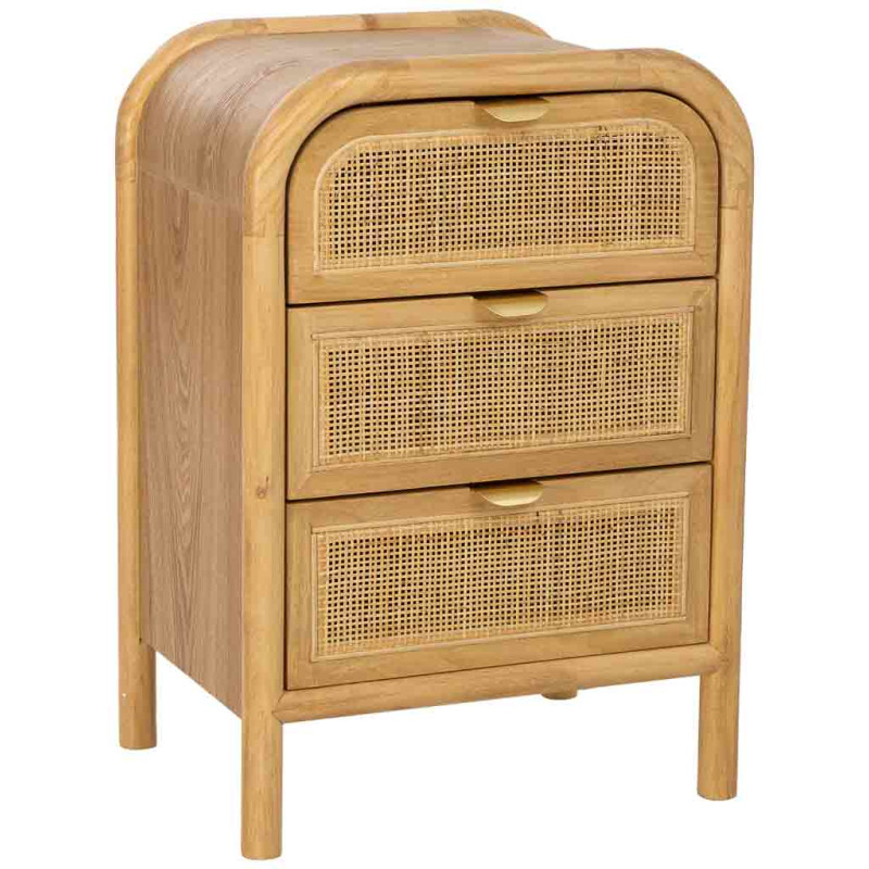 Table de chevet 3 tiroirs bois miel et rotin 45x35x66 cm Heraloro  - 1