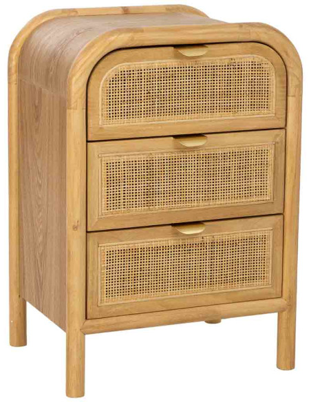 Table de chevet 3 tiroirs bois miel et rotin 45x35x66 cm Heraloro  - 1
