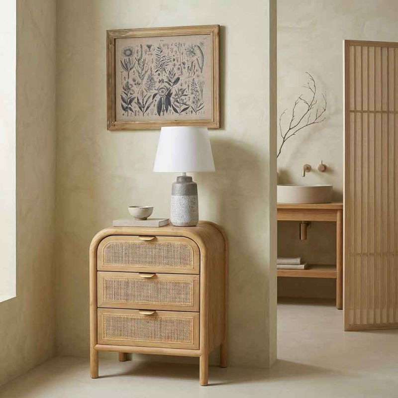 Table de chevet 3 tiroirs bois miel et rotin 45x35x66 cm Heraloro  - 2