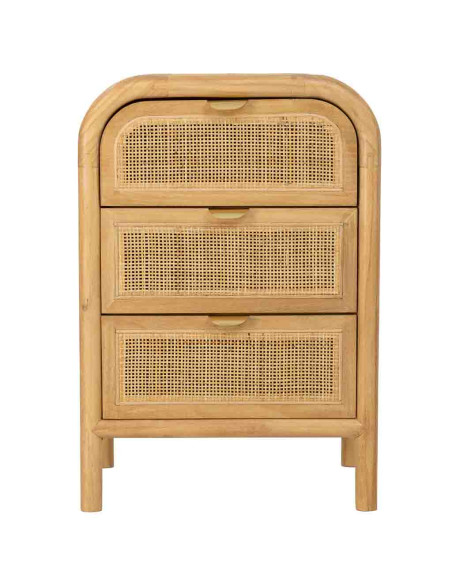 Table de chevet 3 tiroirs bois miel et rotin 45x35x66 cm Heraloro  - 3