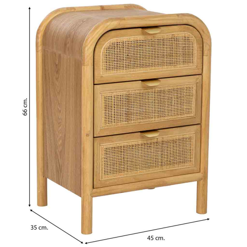 Table de chevet 3 tiroirs bois miel et rotin 45x35x66 cm Heraloro  - 8