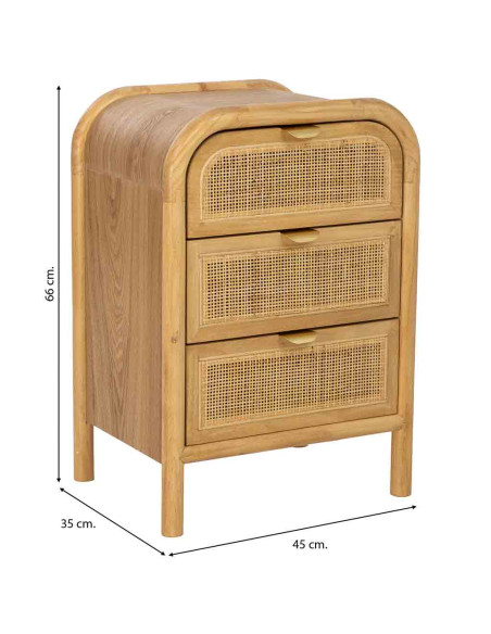 Table de chevet 3 tiroirs bois miel et rotin 45x35x66 cm Heraloro  - 8