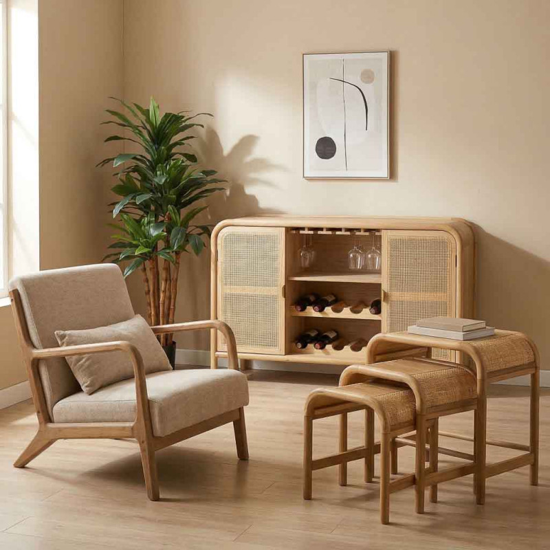 Tables gigognes bois et rotin lot de 3 60/51/42 cm Heraloro  - 2