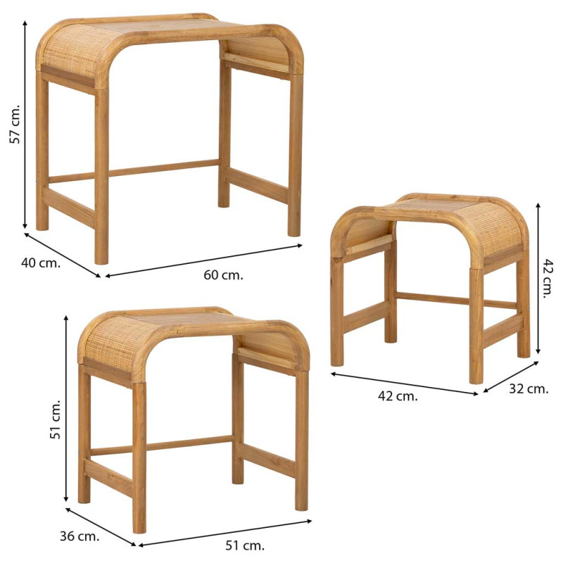 Tables gigognes bois et rotin lot de 3 60/51/42 cm Heraloro  - 9