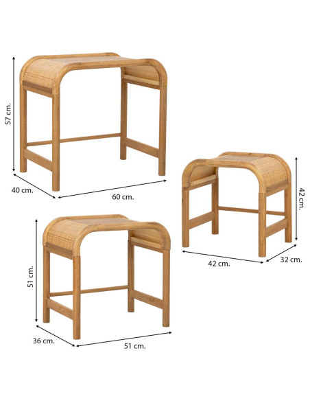 Tables gigognes bois et rotin lot de 3 60/51/42 cm Heraloro  - 9