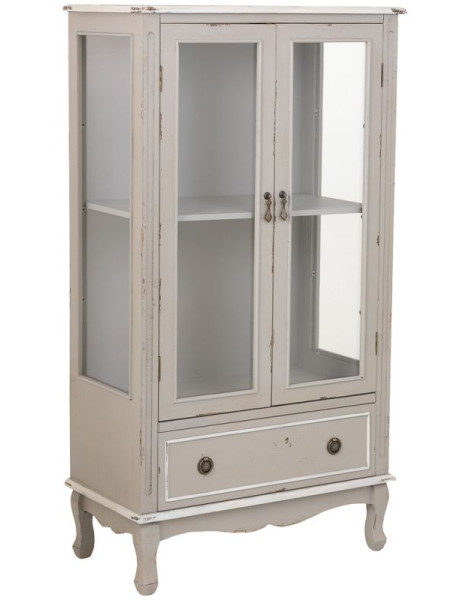 Vitrine 2 portes vitrées bois gris perle vieilli 80x42x148 cm Ervenela  - 1