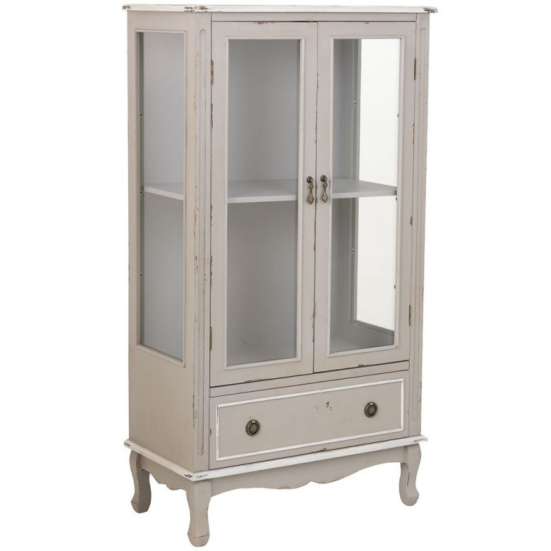 Vitrine 2 portes vitrées bois gris perle vieilli 80x42x148 cm Ervenela  - 1