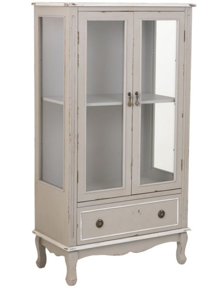 Vitrine 2 portes vitrées bois gris perle vieilli 80x42x148 cm Ervenela  - 1