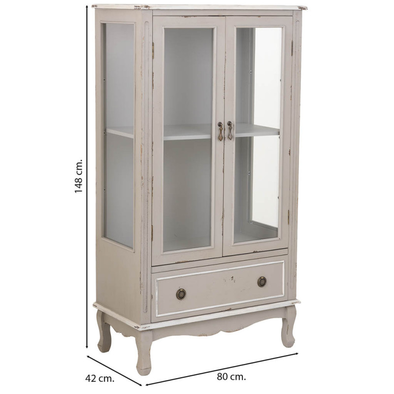 Vitrine 2 portes vitrées bois gris perle vieilli 80x42x148 cm Ervenela  - 3