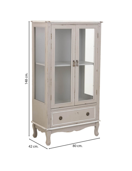 Vitrine 2 portes vitrées bois gris perle vieilli 80x42x148 cm Ervenela  - 3