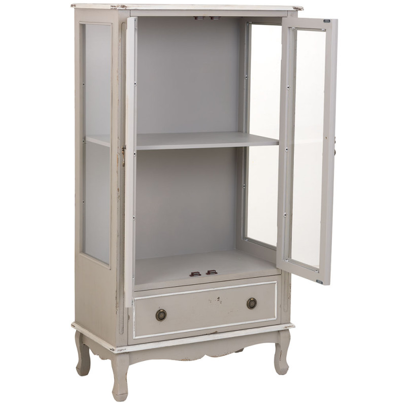 Vitrine 2 portes vitrées bois gris perle vieilli 80x42x148 cm Ervenela  - 5