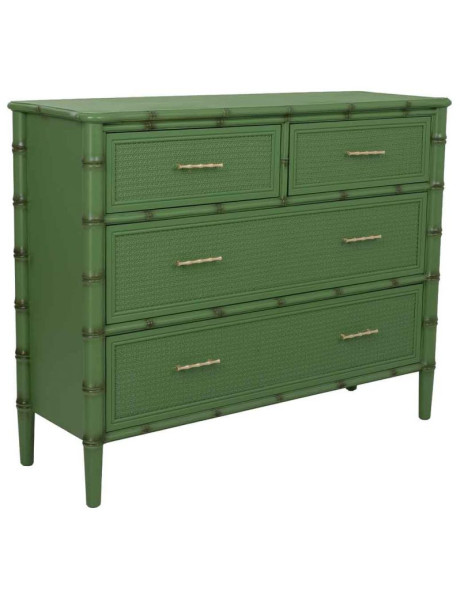 Commode 4 tiroirs vert olive et rotin 117x39x92 cm Delaruna  - 1