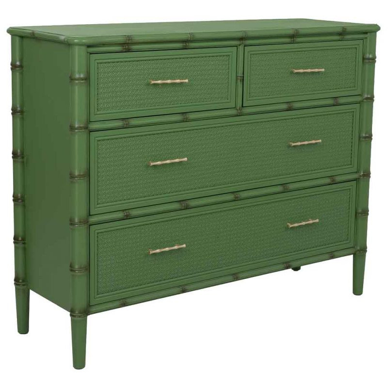 Commode 4 tiroirs vert olive et rotin 117x39x92 cm Delaruna  - 1