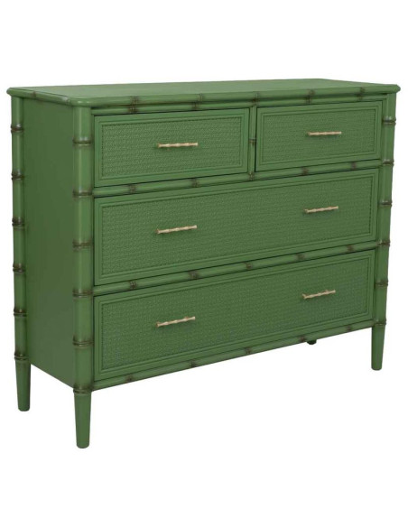 Commode 4 tiroirs vert olive et rotin 117x39x92 cm Delaruna  - 1