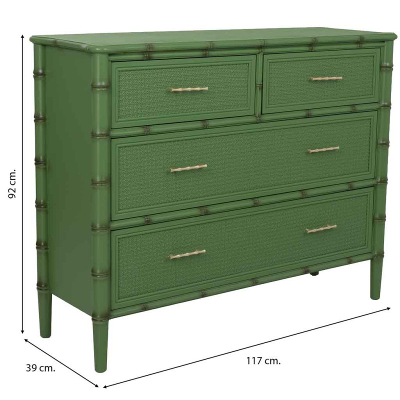 Commode 4 tiroirs vert olive et rotin 117x39x92 cm Delaruna  - 9