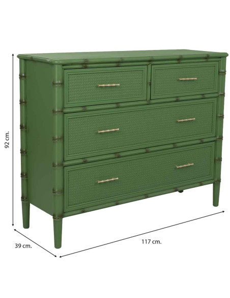 Commode 4 tiroirs vert olive et rotin 117x39x92 cm Delaruna  - 9