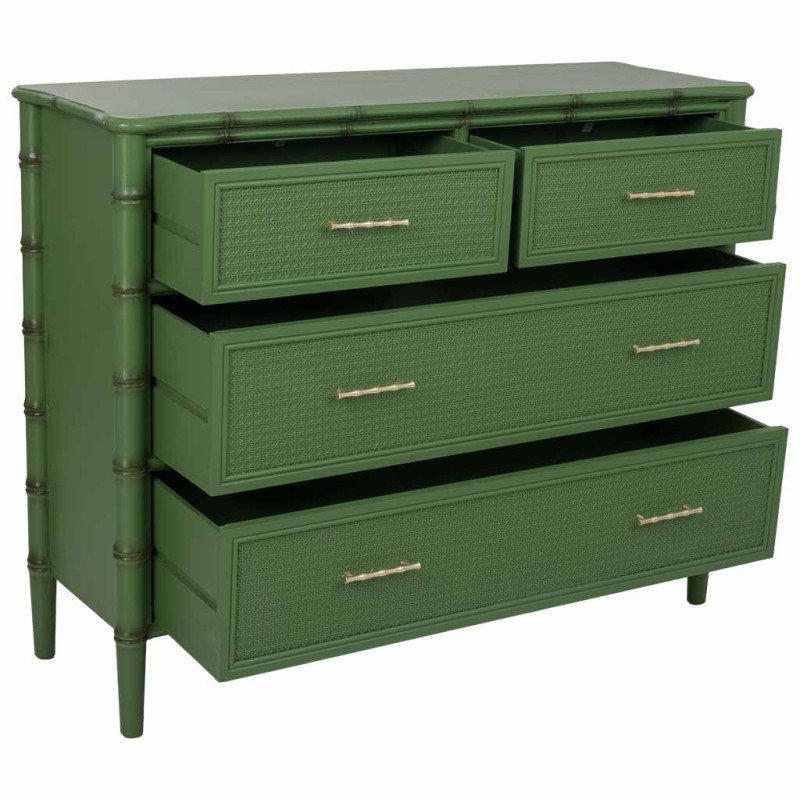 Commode 4 tiroirs vert olive et rotin 117x39x92 cm Delaruna  - 3