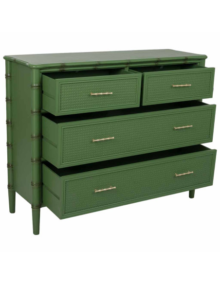 Commode 4 tiroirs vert olive et rotin 117x39x92 cm Delaruna  - 3