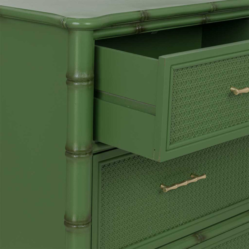 Commode 4 tiroirs vert olive et rotin 117x39x92 cm Delaruna  - 5